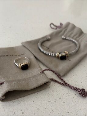 David Yurman Sterling Silver and 18K Gold Black Onyx Cable Ring and Bracelet Set